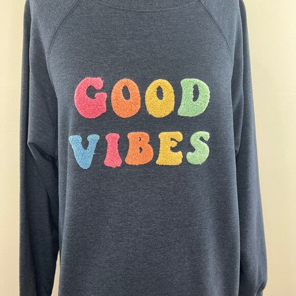 WILDFOX Navy Blue Good Vibes Embroidered Oversized Crew Sweatshirt Pullover S - Picture 2 of 8